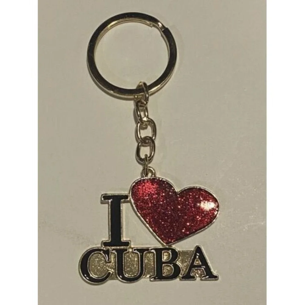 I Love Cuba Keychain with Red Glitter Heart Gold Tone Metal Souvenir Accessory